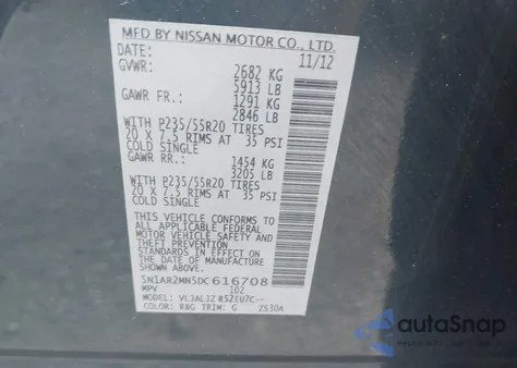 2013 Nissan Pathfinder Platinum z USA, uszkodzony, nr VIN 5N1AR2MN5DC616708